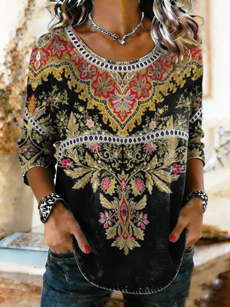 Women's Ethnic Floral Print Round Neck Blouse With Lace Trim