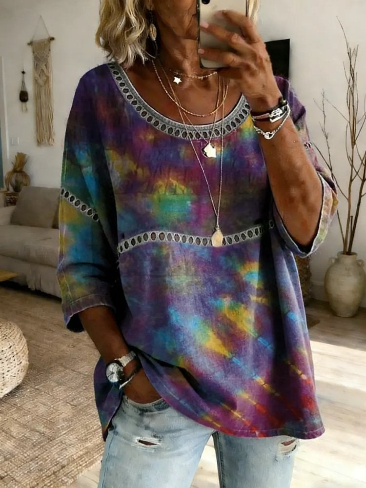 Women's Tie-Dye Art Print Top with Lace Trim