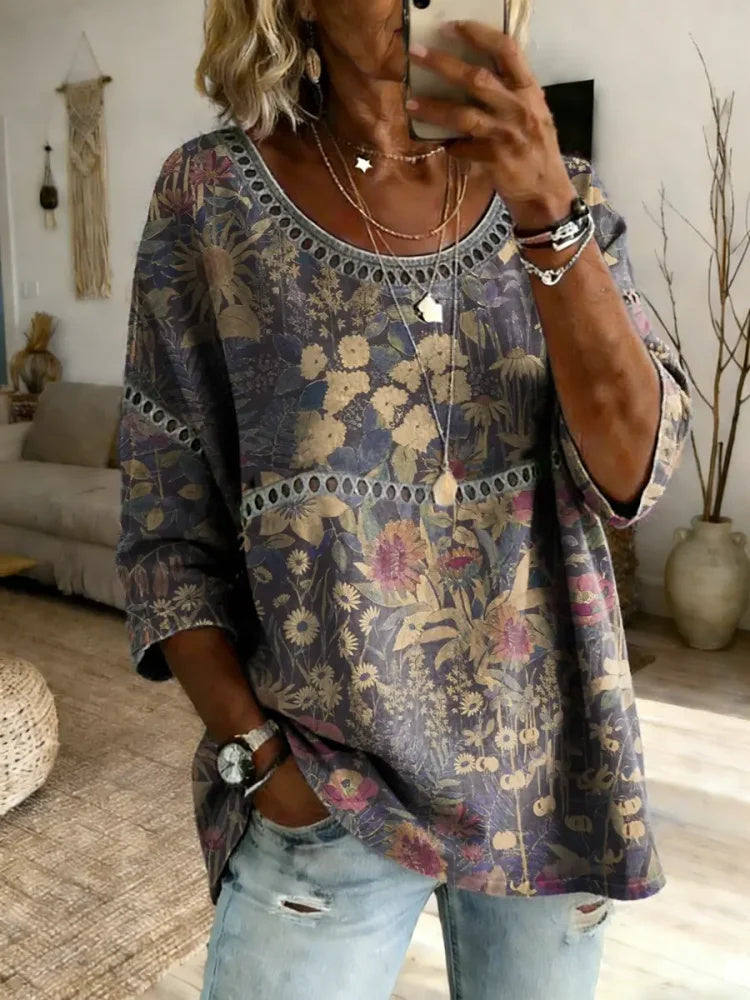 Women's Floral Art Print Top with Lace Trim