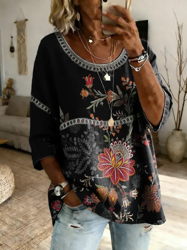 Women's Folk Floral Art Print Round Neck Blouse with Lace Trim