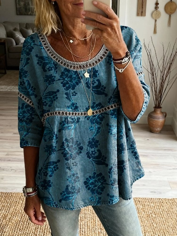 Women's Bohemian Floral Art Print Casual Round Neck Hollow Out Top