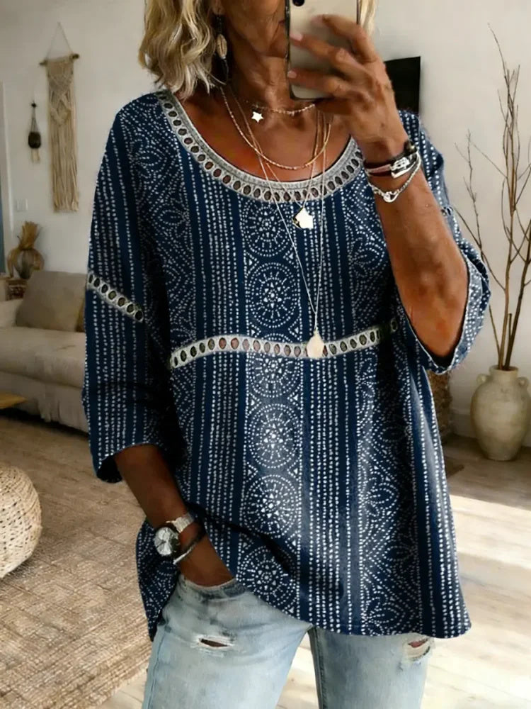 Women's Ethnic Art Print Round Neck Lace Trim Shirt
