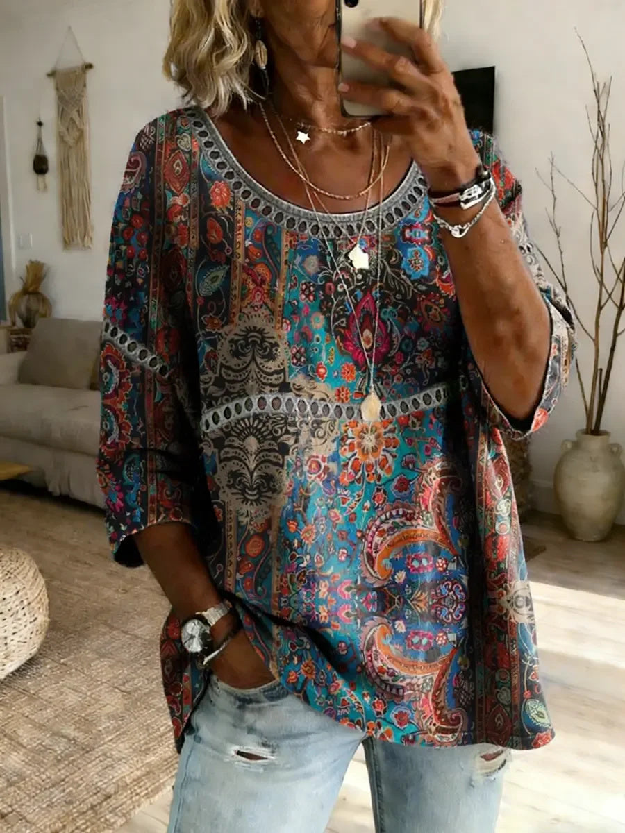 Women's Ethnic Totem Art Print Top with Lace Trim