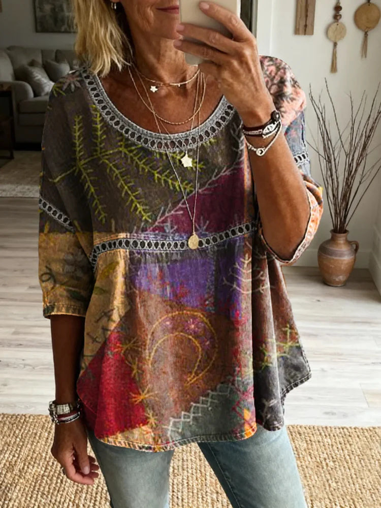 Women's Hippie Style Patchwork Textured Art Print Casual Round Neck Cutout Top