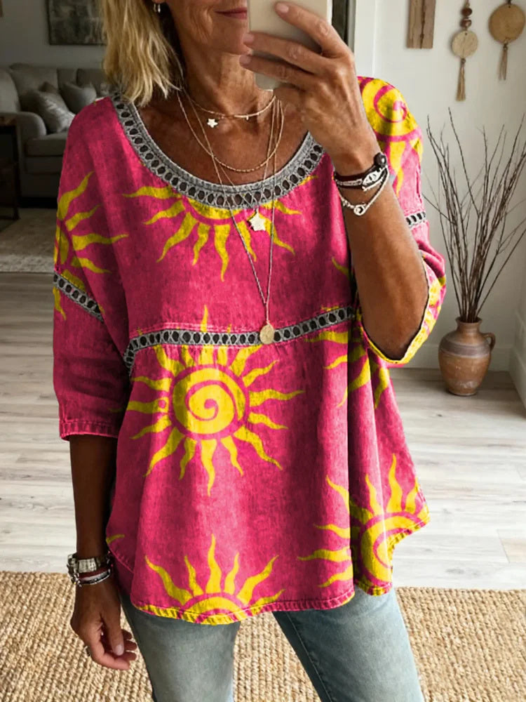 Women's Hippie Style Sun Art Print Casual Round Neck Cutout Top