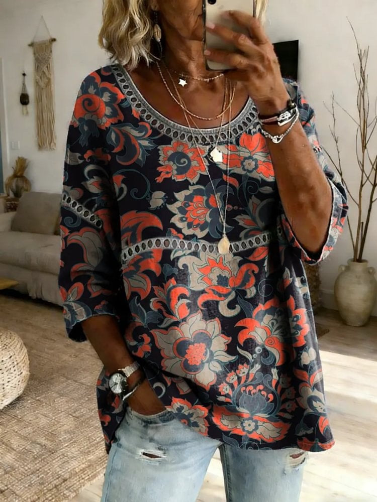 Women's Ethnic Floral Art Print Top with Lace Trim