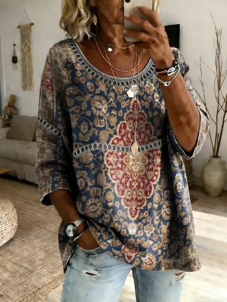 Women's Ethnic Totem Art Print Round Neck Blouse With Lace Trim