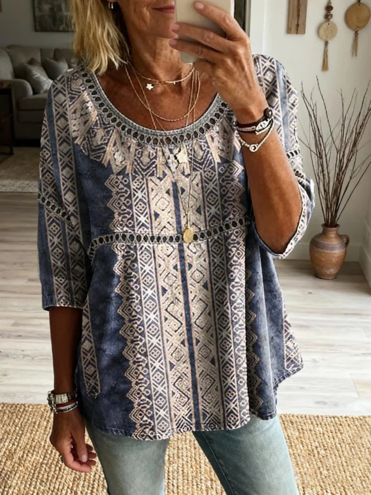 Women's Bohemian style floral pattern art print casual round neck cutout top