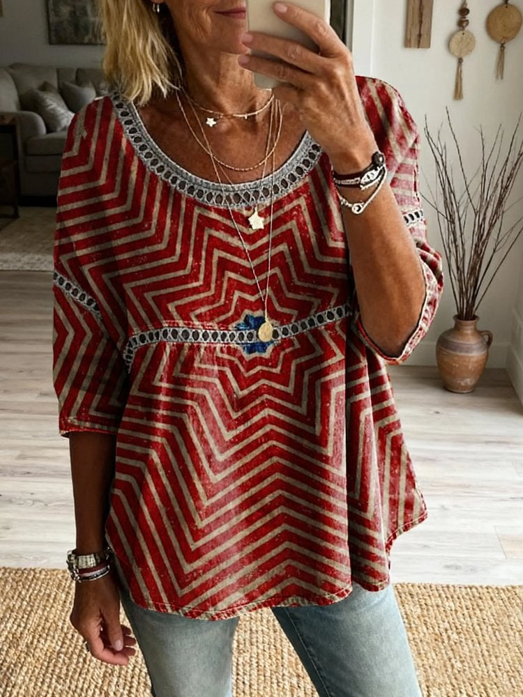 Women's Bohemian Pattern Art Print Casual Round Neck Cutout Top