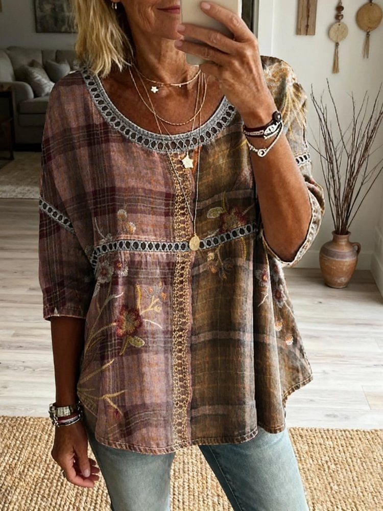Women's Retro Plaid Floral Art Print Casual Round Neck Hollow-out Top