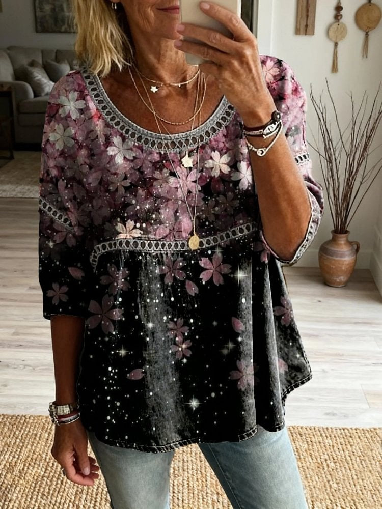 Women's Pink Petal Art Print Casual Round Neck Hollow-out Top