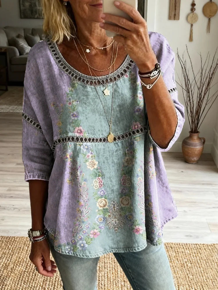 Women's Bohemian Retro Floral Art Print Casual Round Neck Hollow Out Top