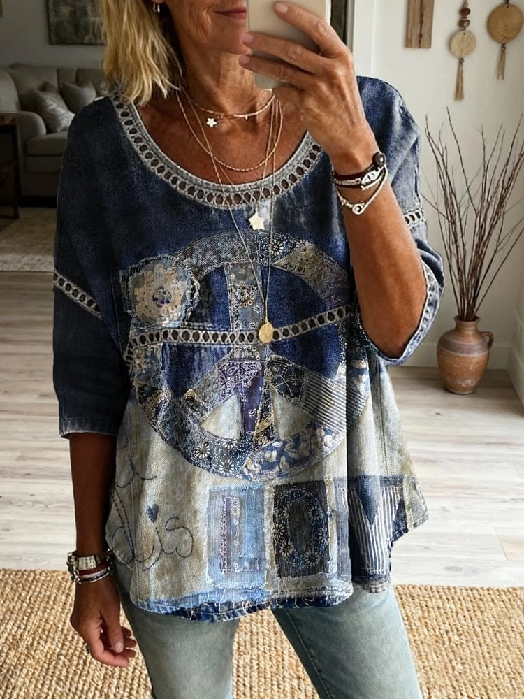 Women's Vintage-style Hippie Pattern Art Print Casual Round Neck Cutout Top