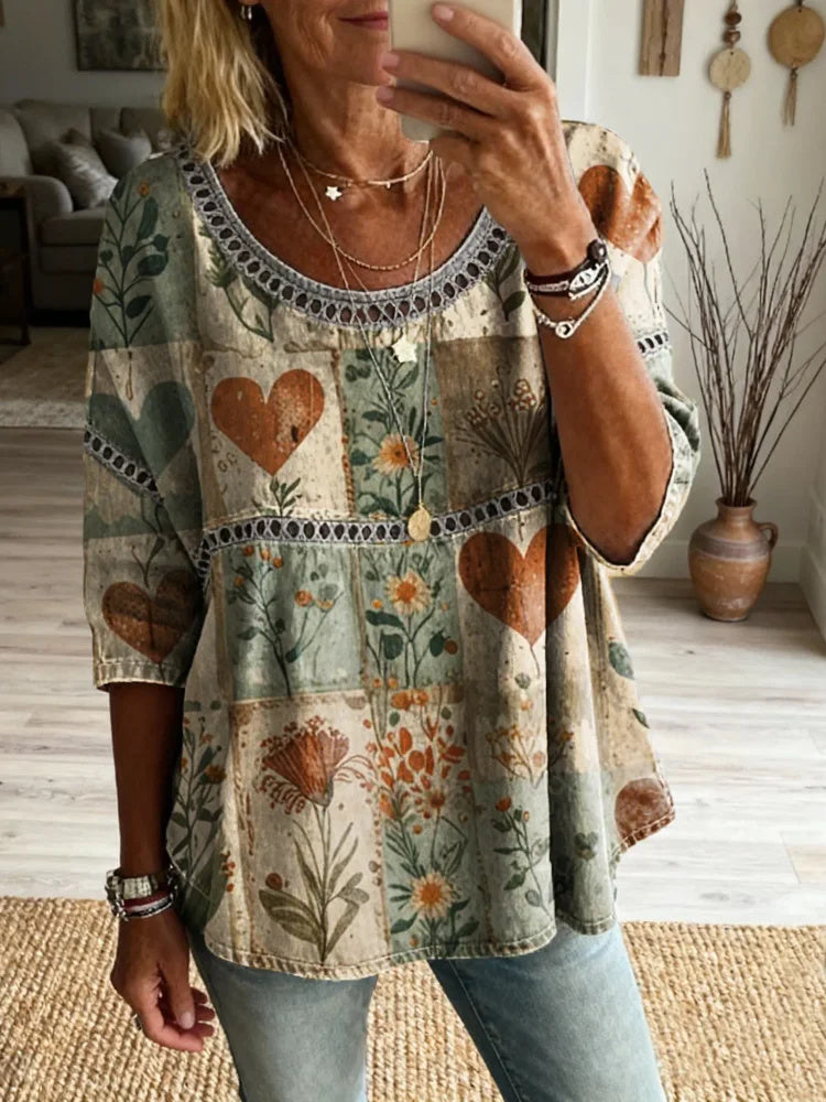 Ethnicity Bohemian Flowers Love Patchwork Women's Vintage Art Print Casual Round Neck Cutout Top