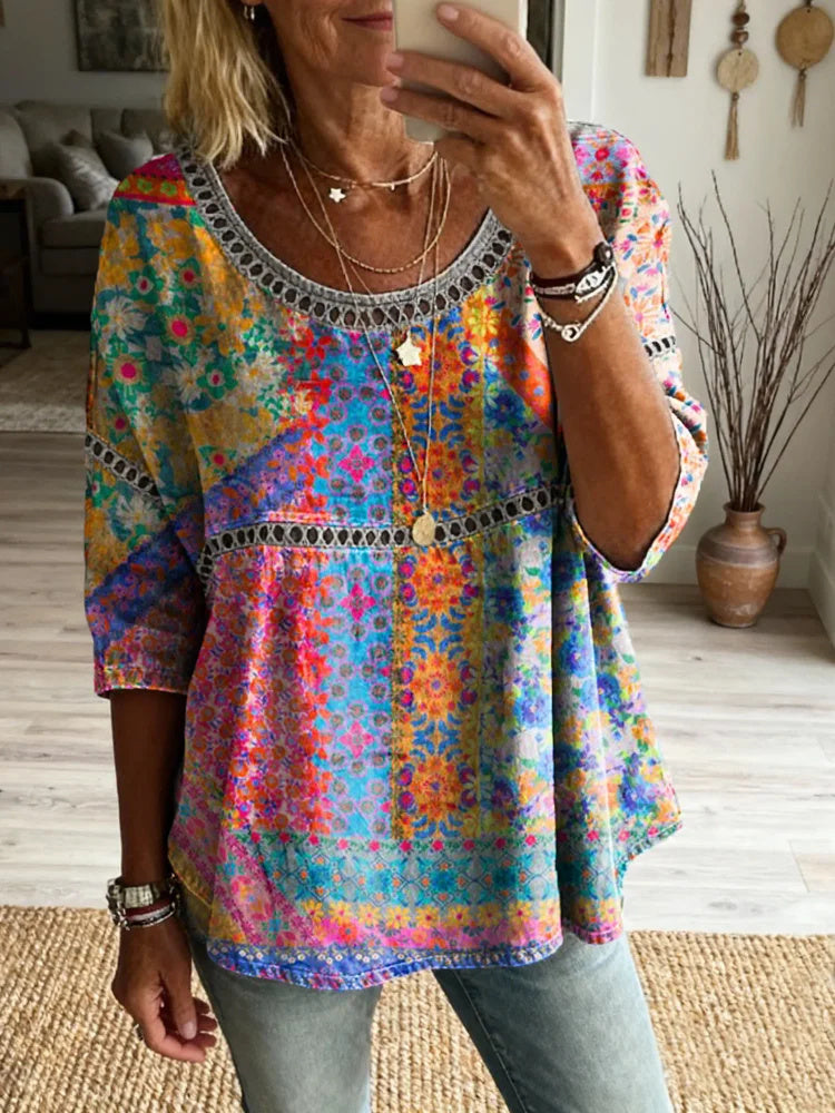 Women's Retro Colorful Floral Art Print Casual Round Neck Hollow-out Top