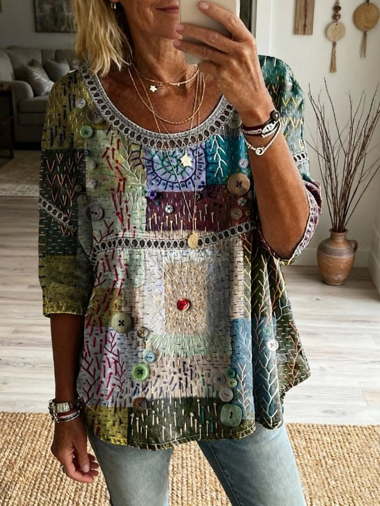 Women's Vintage Patchwork Textured Art Print Casual Round Neck Cutout Top