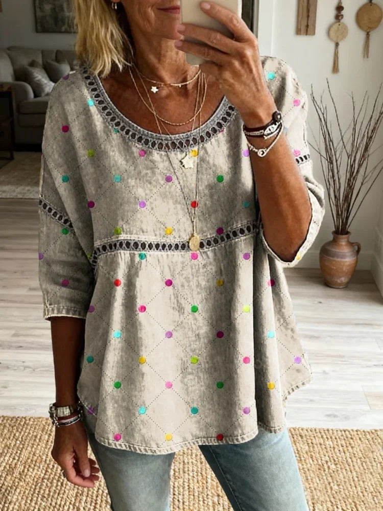 Colorful Polka Dot Art Print Casual Round Neck Hollowed-out Top