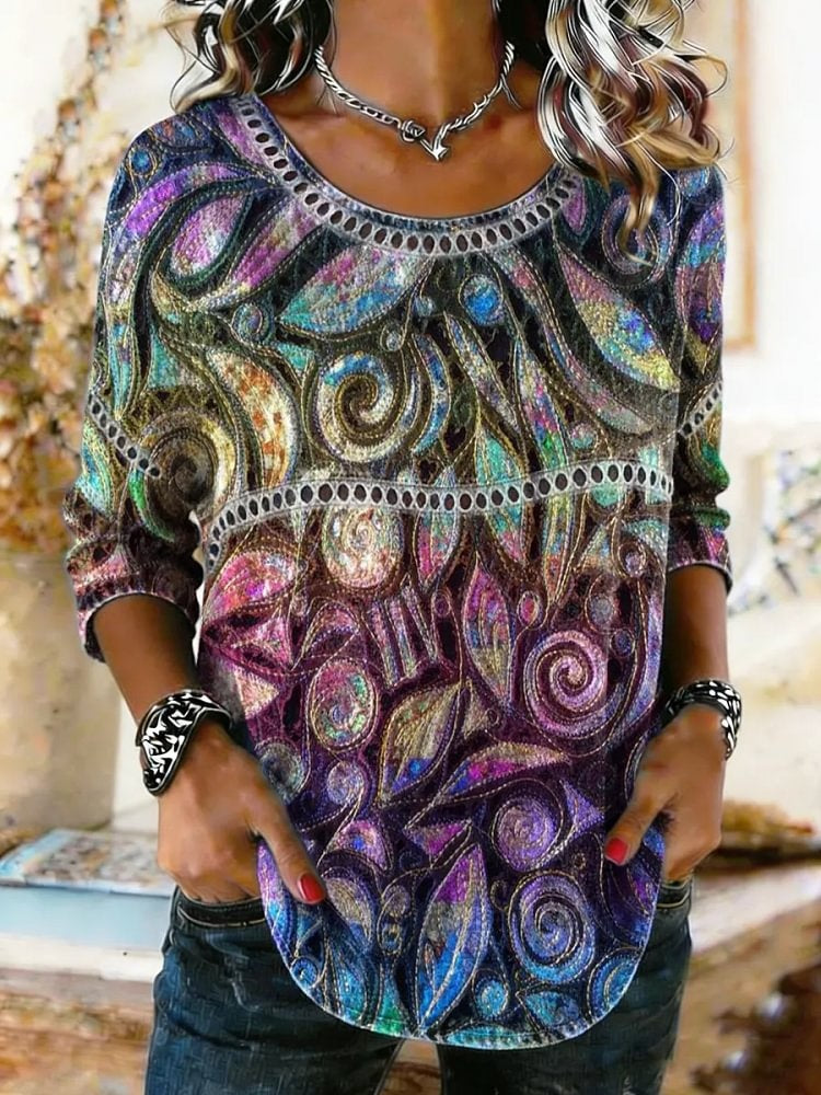 Women's Ethnic Floral Art Print Lace Trim Shirt
