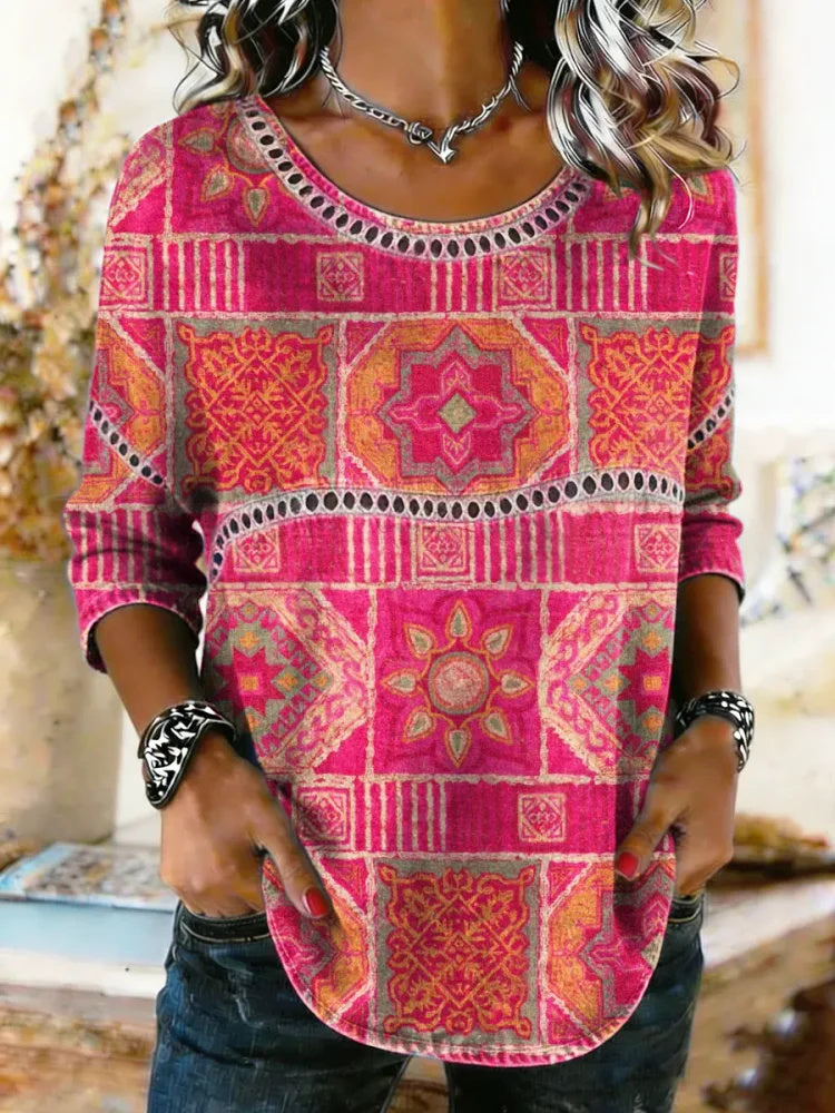 Women's Ethnic Art Print Lace Trim Shirt