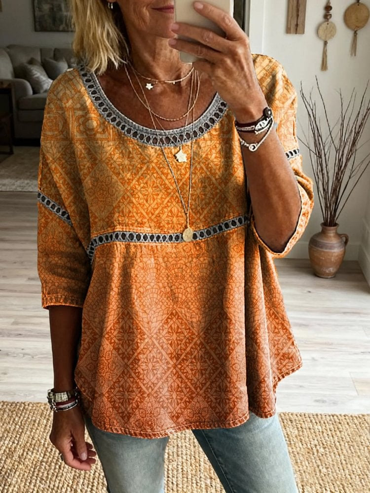 Ethnic Bohemian Floral Art Print Casual Round Neck Hollow-out Top