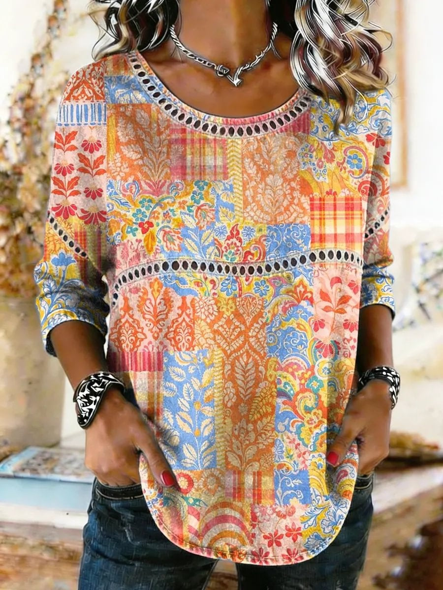 Women's Bohemian Flowers Print Lace Trim Shirt