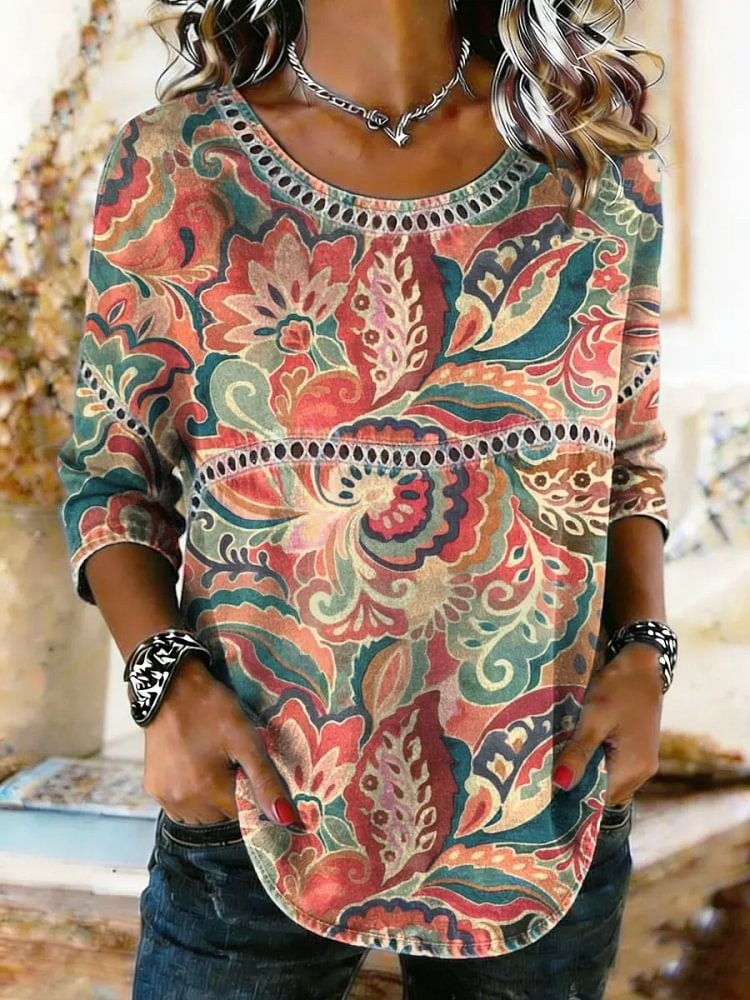 Women's Ethnic Floral Print Lace Trim Shirt