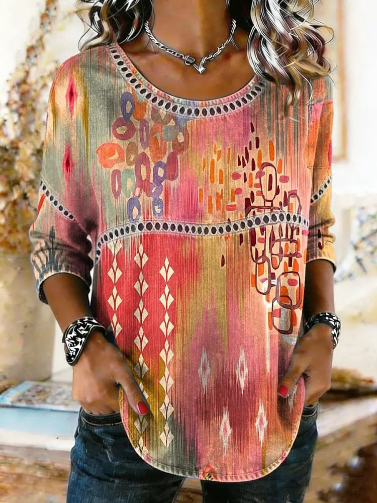 Women's Ethnic Art Print Lace Trim Shirt