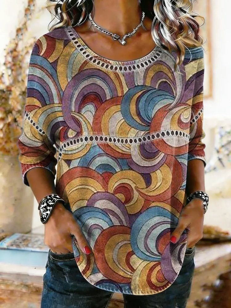 Women's Ethnic Art Print Lace Trim Shirt
