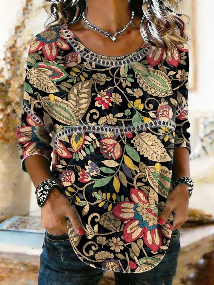 Women's Ethnic Floral Print Lace Trim Shirt