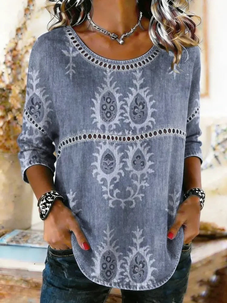 Women's Ethnic Totem Print Lace-trimmed Shirt