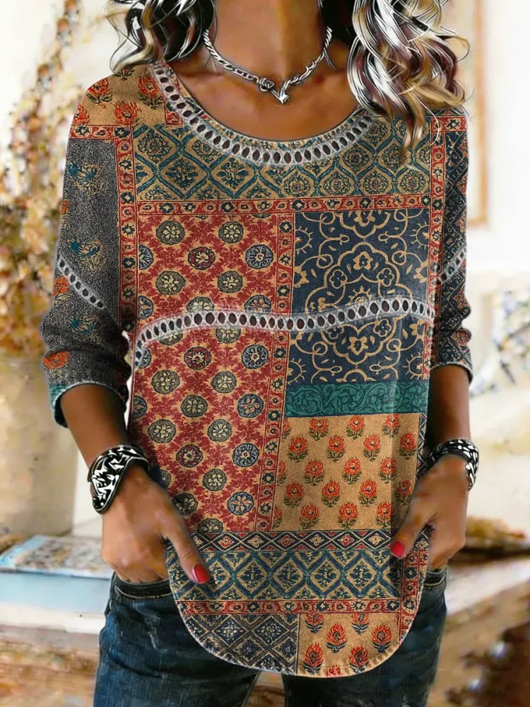 Women's Ethnic Floral Patchwork Print Lace Trim Shirt