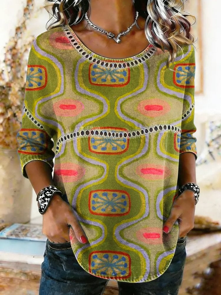 Women's Bohemian Flowers Print Lace Trim Shirt