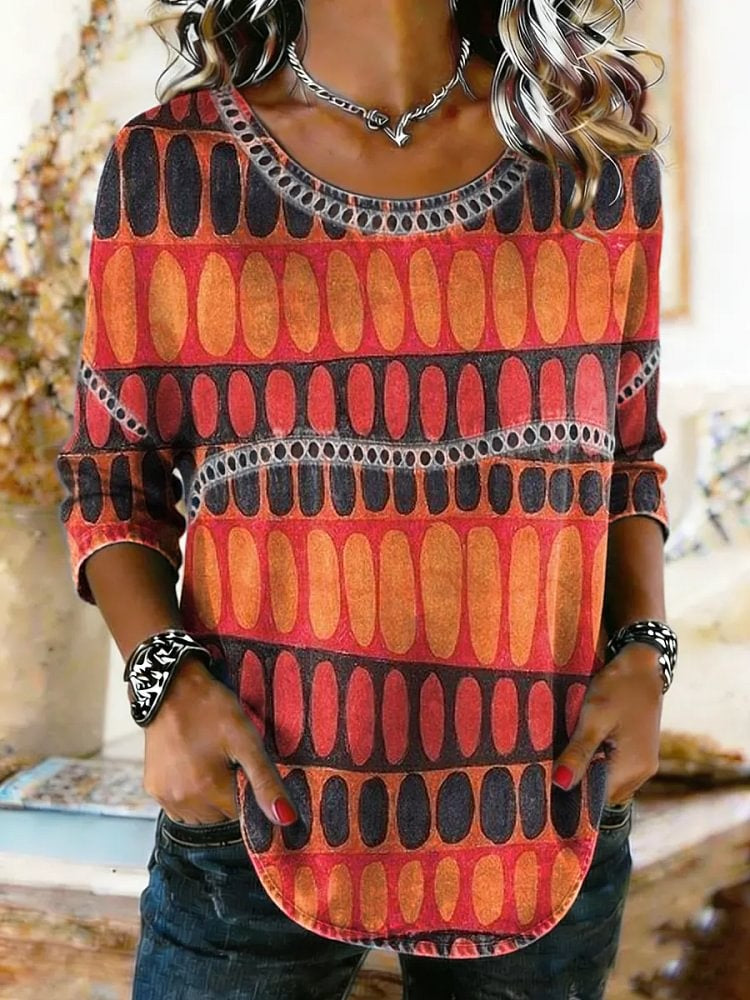 Women's Ethnic Art Print Lace Trim Shirt