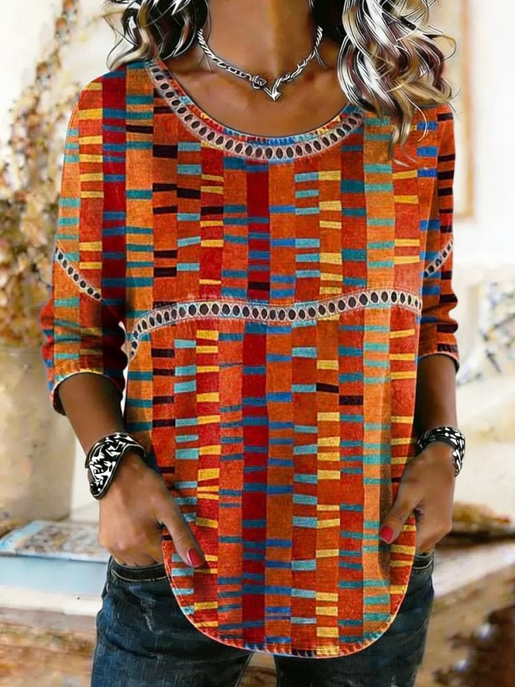 Women's Ethnic Art Print Lace Trim Shirt