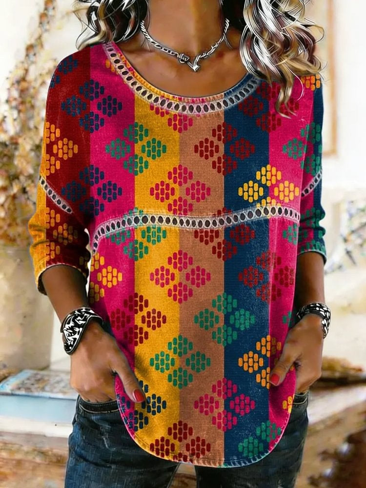 Women's Ethnic Color Blocking Art Print Lace Trim Shirt
