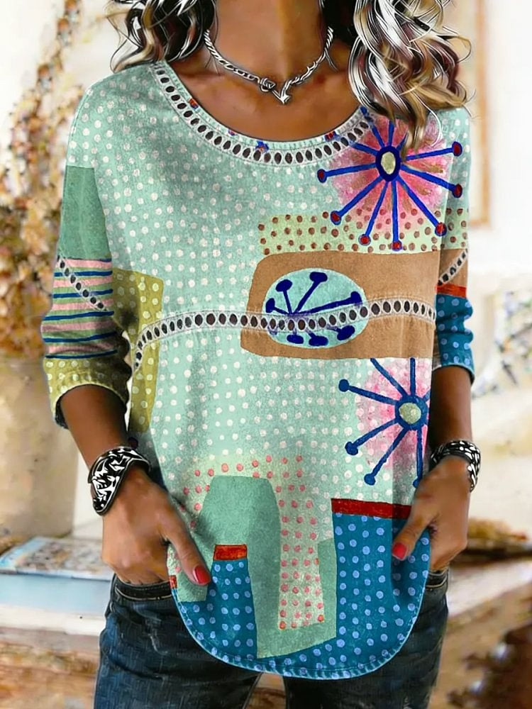 Women's Ethnic Art Print Lace Trim Shirt