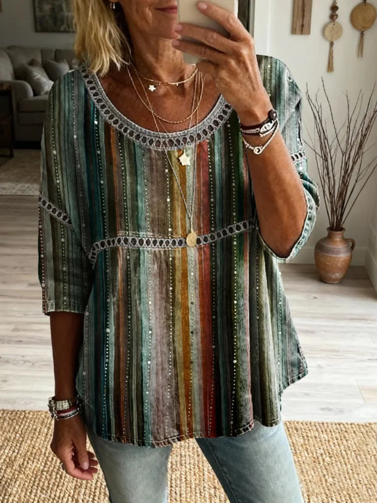Bohemian Striped Pattern Art Print Casual Round Neck Hollowed-out Top