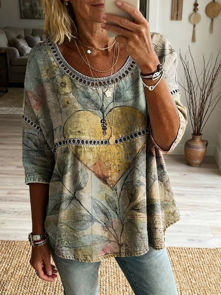 Ethnicity Bohemian Style Flowers Love Women's Vintage Art Print Casual Round Neck Cutout Top