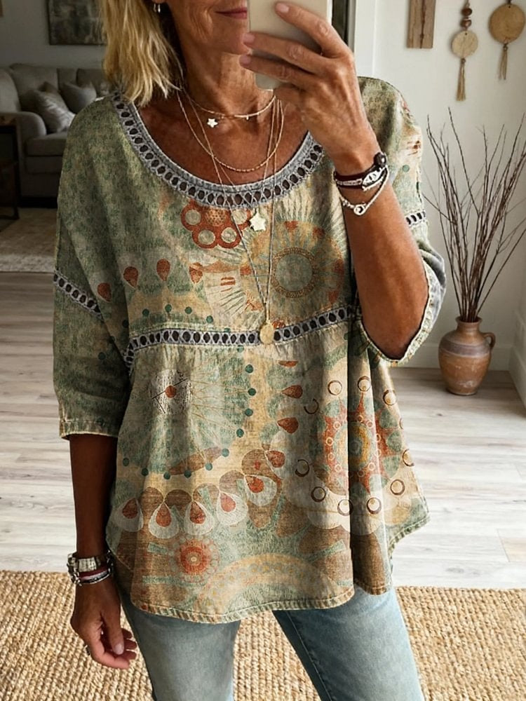 Totem Bohemian Floral Art Print Casual Round Neck Hollow Out Top