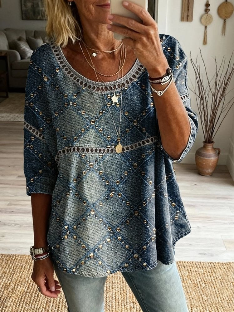 Retro Textured Plaid Art Print Casual Round Neck Hollowed-out Top