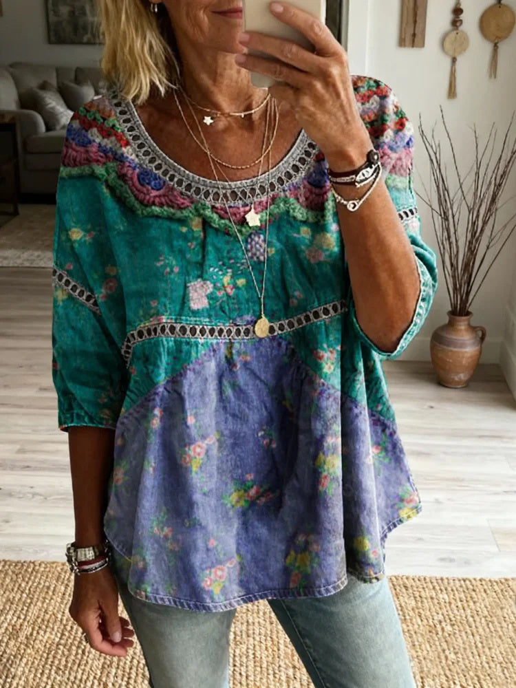 Retro Colorful Floral Art Print Casual Round Neck Hollowed-out Top