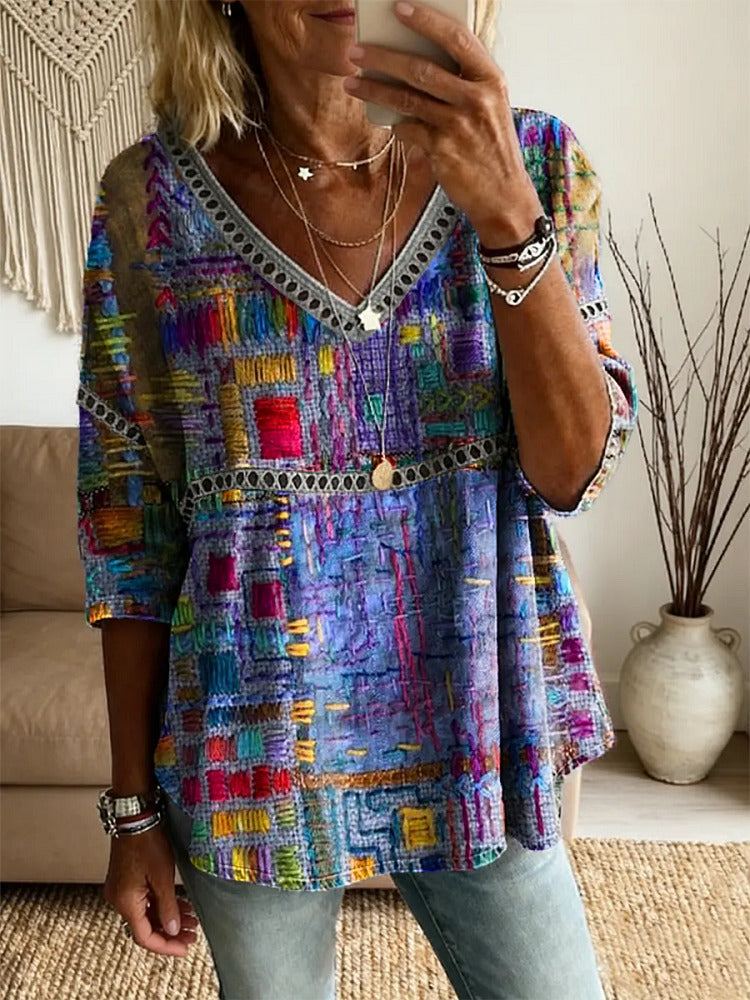 Ethnicity Geometry Texture Women's Vintage Art Print Casual V Neck Cutout Top