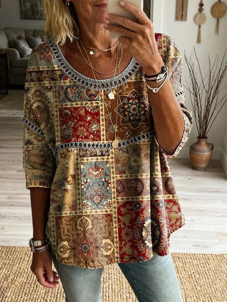 Ethnicity Patchwork Bohemia Totem Women's Vintage Art Print Casual Round Neck Cutout Top