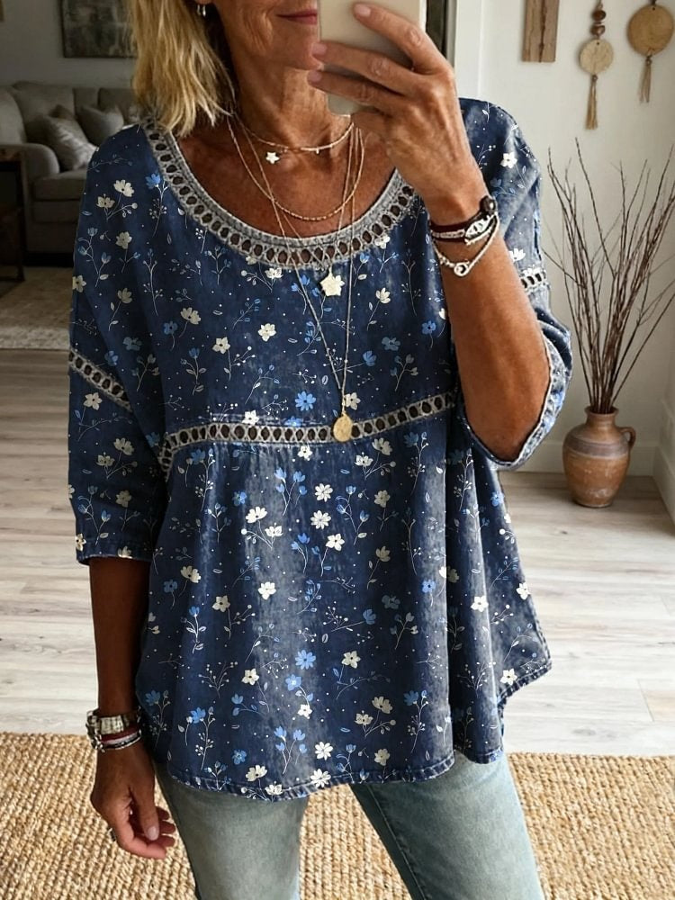 Women's Vintage Ethnic Blue Crushed Art Print Round Neck Cutout Cotton Top