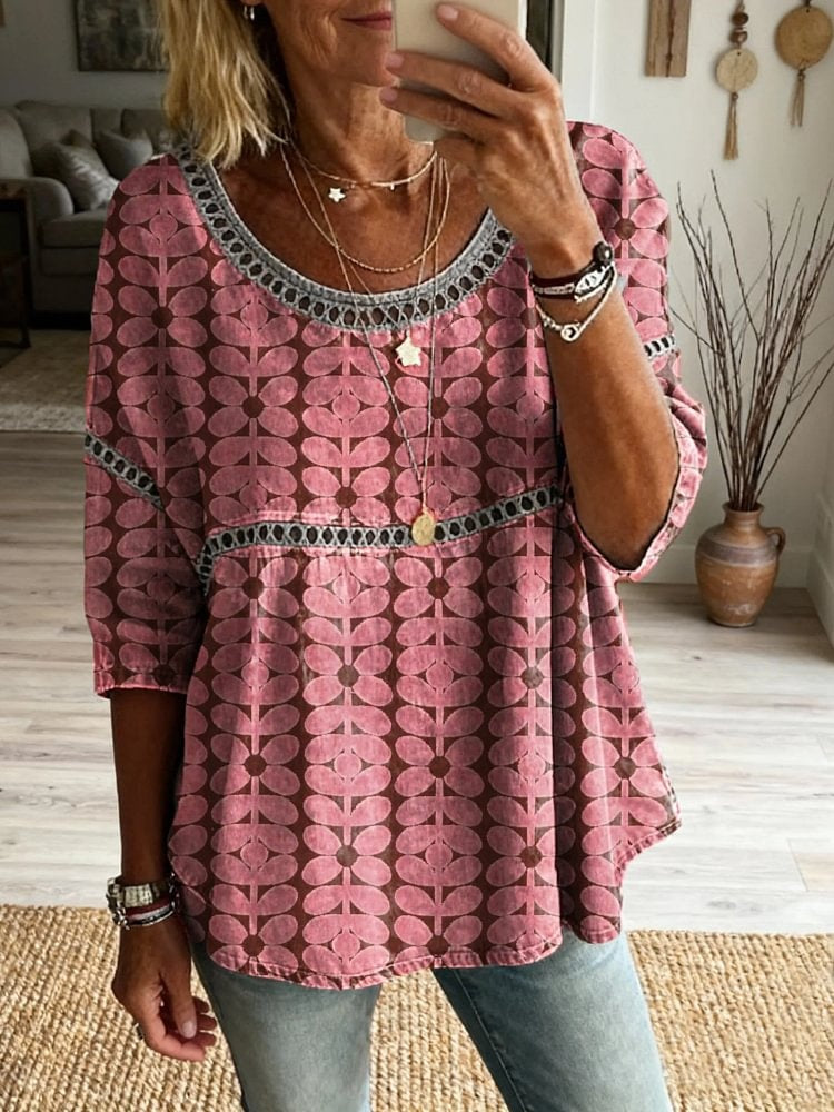 Women's Vintage Ethnic Pink Floral Art Print Round Neck Cutout Cotton Top