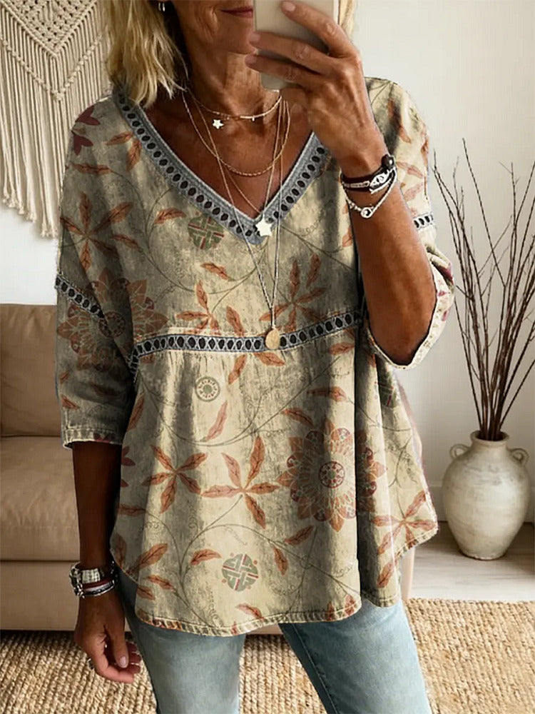 Ethnicity Bohemian Flowers Women's Vintage Art Print Casual V Neck Cutout Top