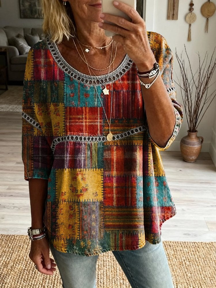 Women's Vintage Collage Check Floral Art Print Round Neck Cutout Cotton Top