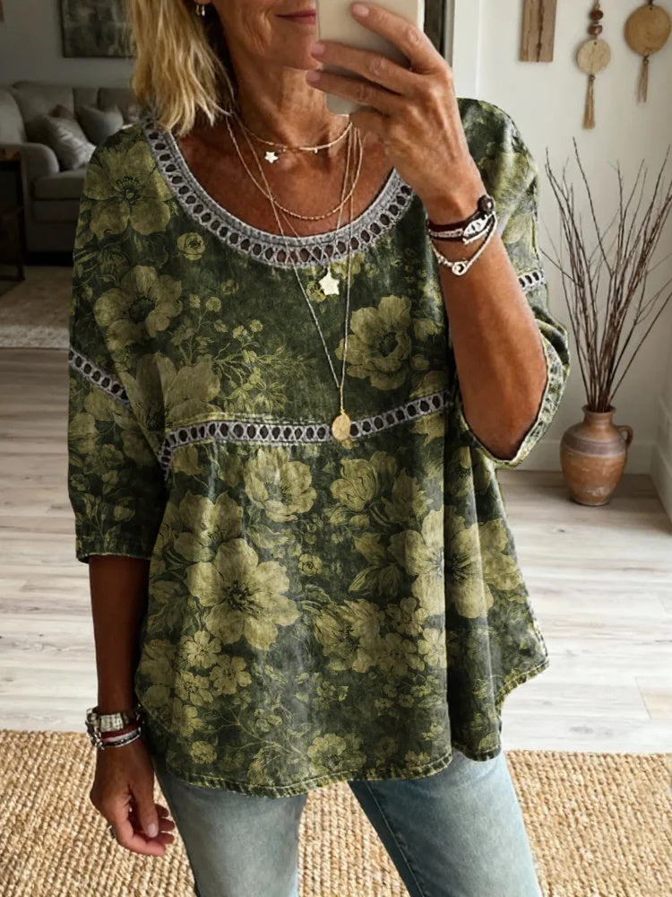 Womens Vintage Ethnic Green Floral Art Print Round Neck Cutout Cotton Top