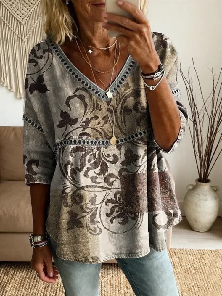 Ethnicity Patchwork Totem Women's Vintage Art Print Casual V Neck Cutout Top