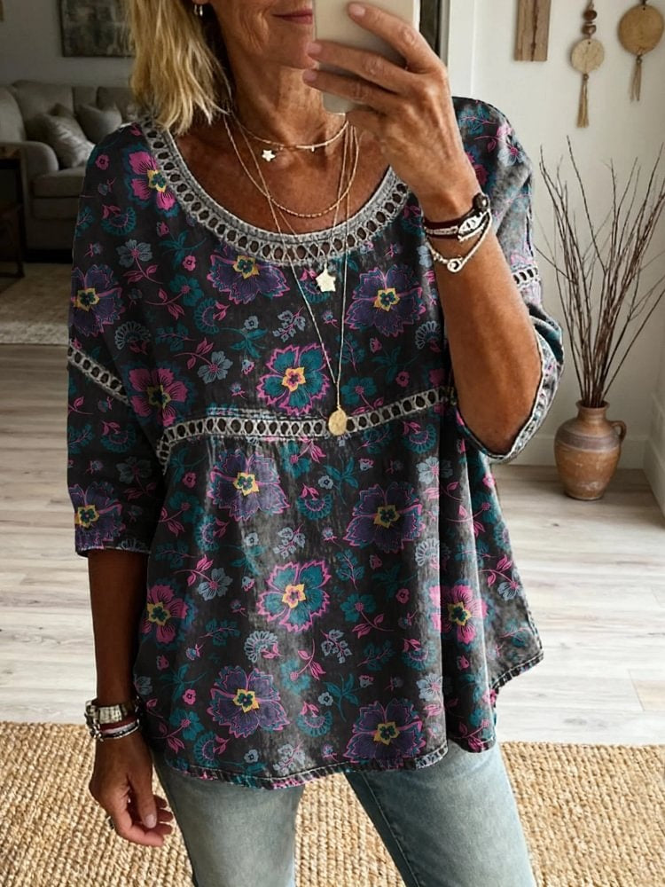 Womens Vintage Ethnic Purple Floral Art Print Round Neck Cutout Cotton Top